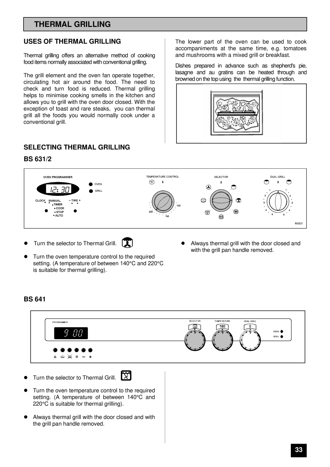 Tricity Bendix BS 631/2 installation instructions Uses of Thermal Grilling, Selecting Thermal Grilling 