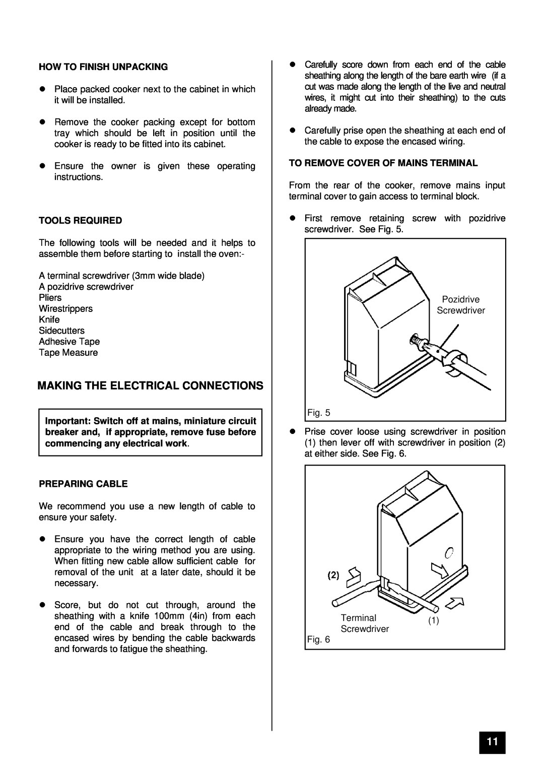 Tricity Bendix BS 631/2 Making The Electrical Connections, How To Finish Unpacking, Tools Required, Preparing Cable 