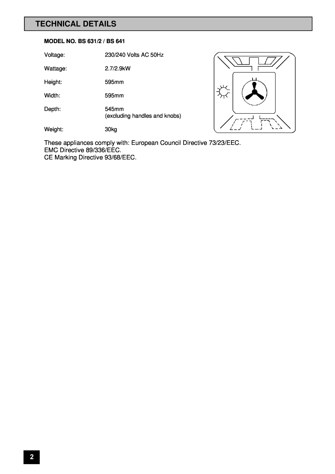Tricity Bendix installation instructions Technical Details, CE Marking Directive 93/68/EEC, MODEL NO. BS 631/2 / BS 