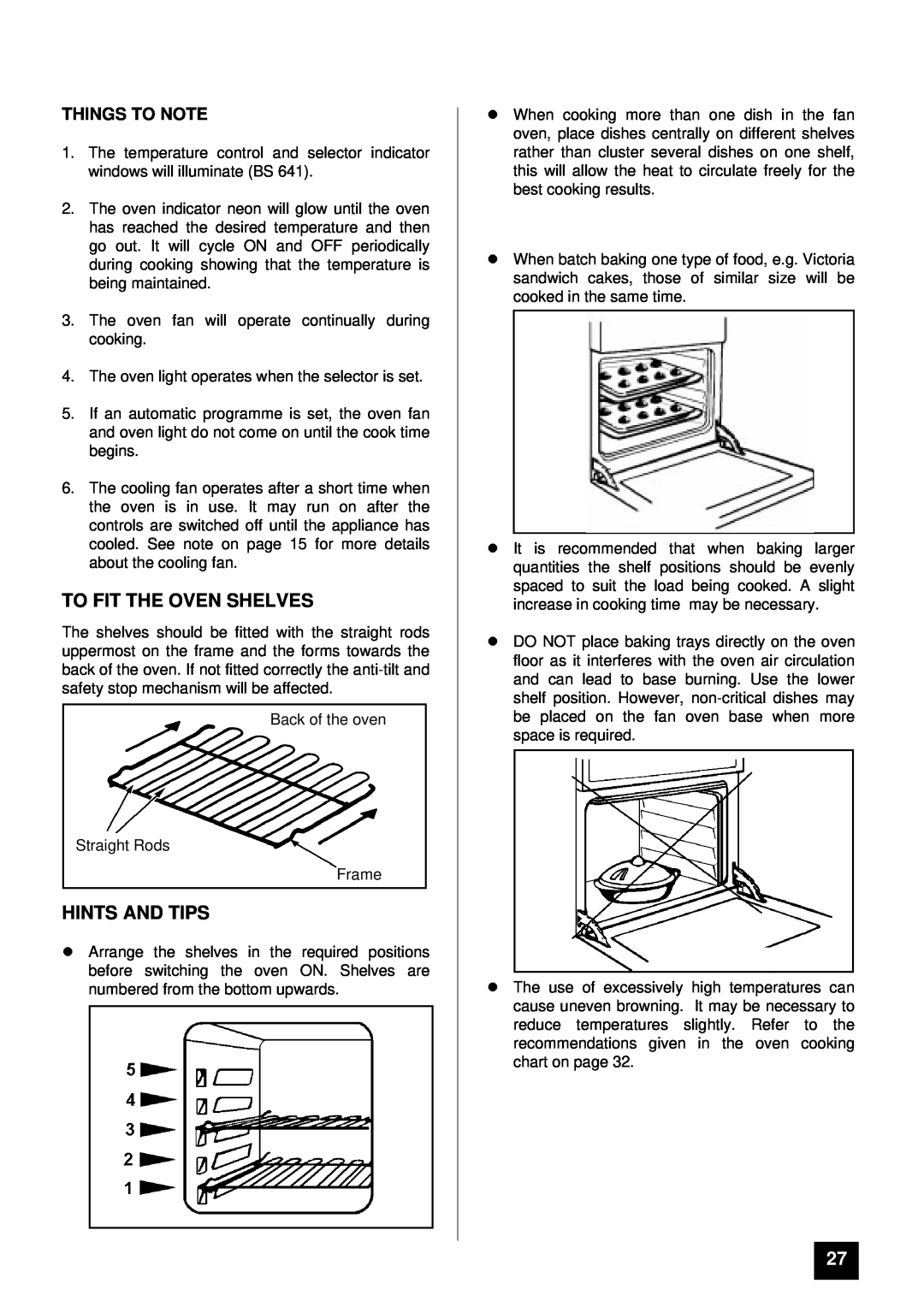 Tricity Bendix BS 631/2 installation instructions To Fit The Oven Shelves, lHINTS AND TIPS, Things To Note 