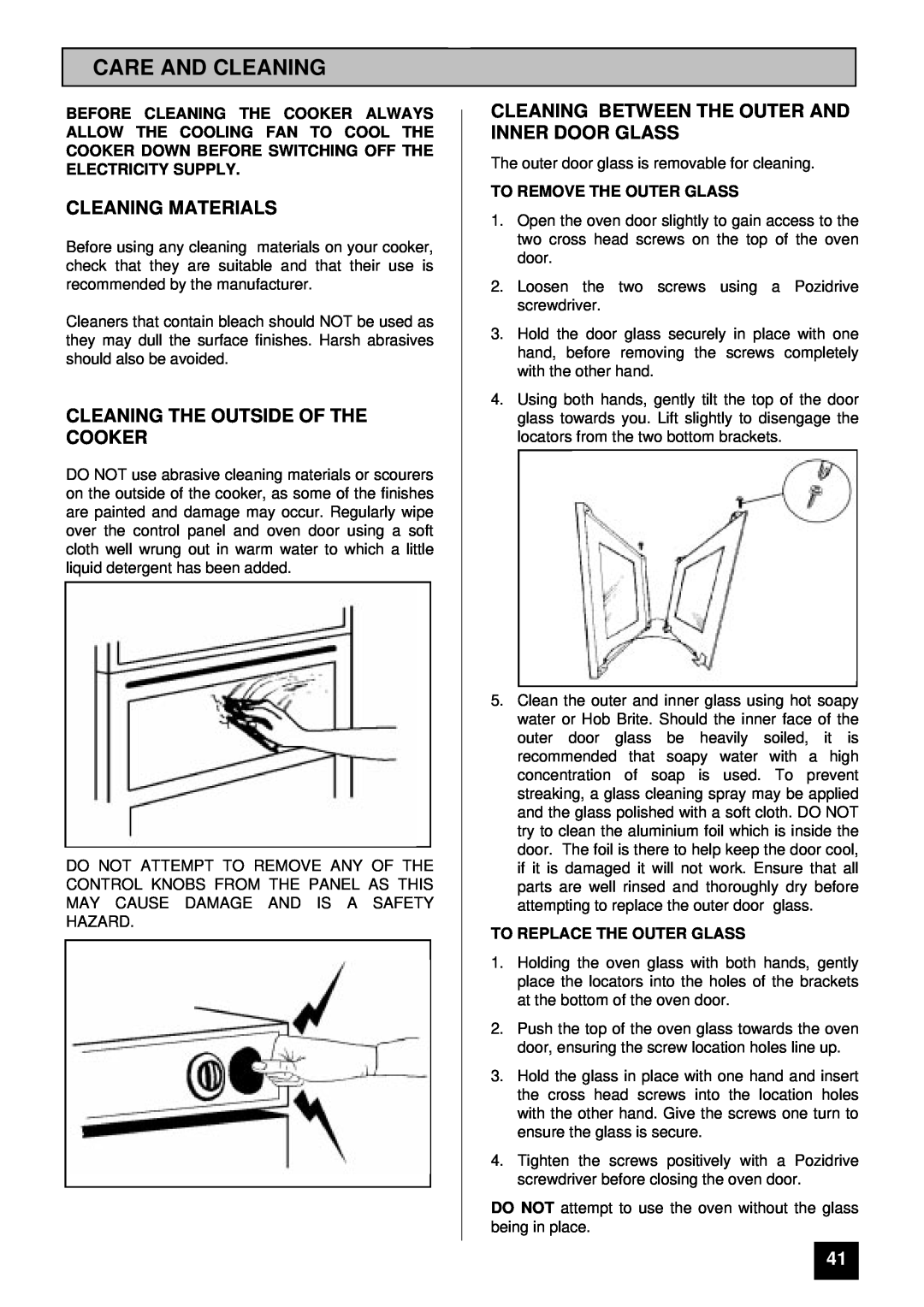 Tricity Bendix BS 631/2 installation instructions Care And Cleaning, Cleaning Materials, Cleaning The Outside Of The Cooker 