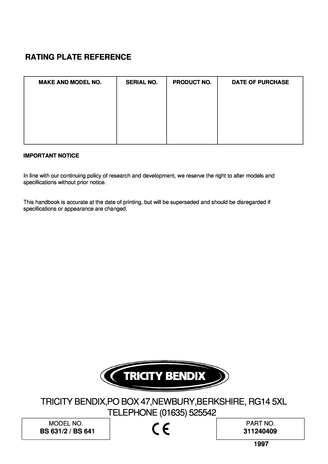 Tricity Bendix Rating Plate Reference, 311240409, Telephone, BS 631/2 / BS, Make And Model No, Serial No 