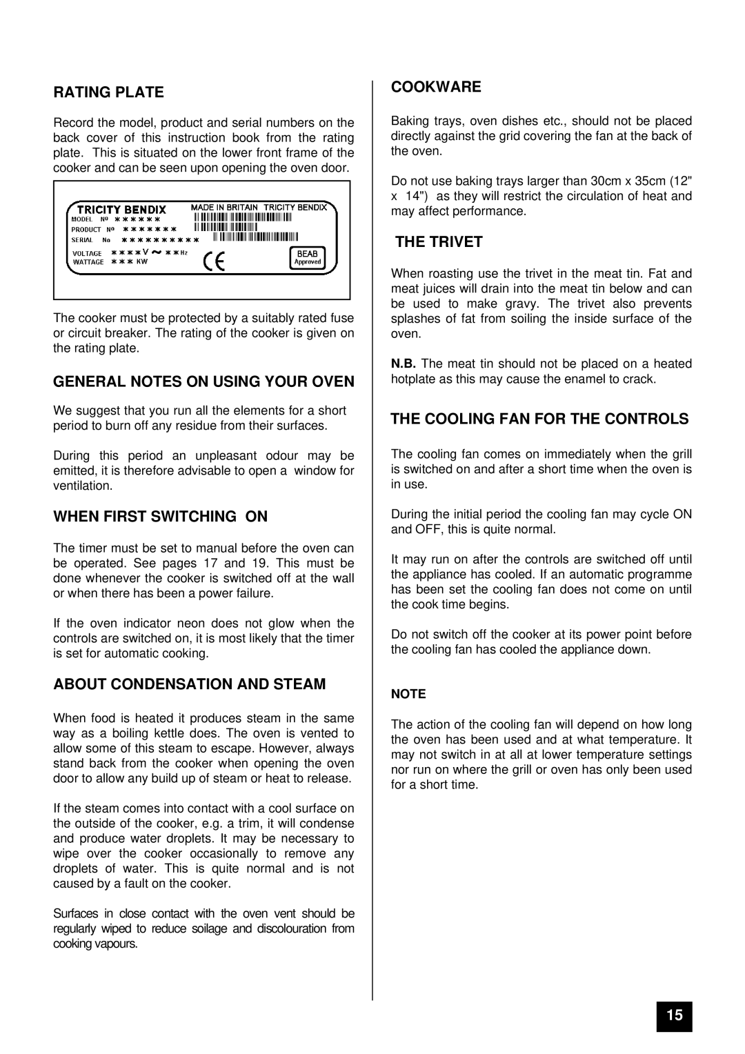 Tricity Bendix BS 641 Rating Plate, General Notes on Using Your Oven, When First Switching on, Cookware, Trivet 