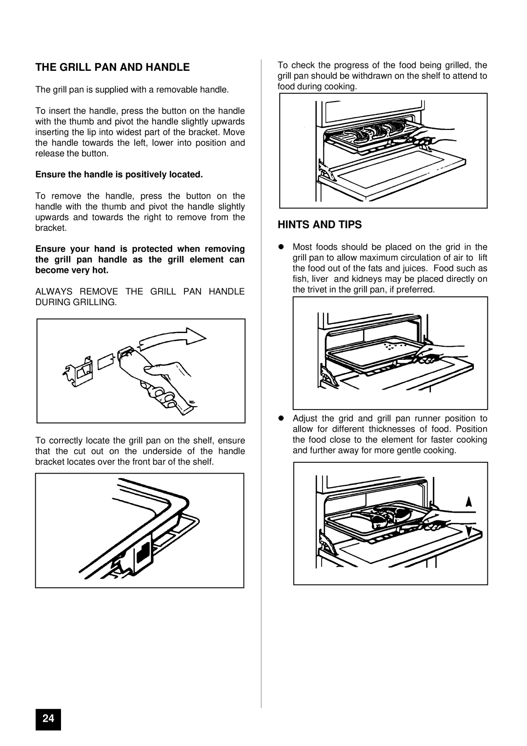 Tricity Bendix BS 641 installation instructions Grill PAN and Handle, Ensure the handle is positively located 