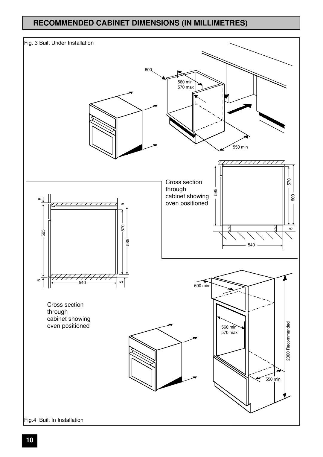 Tricity Bendix BS 685 Recommended Cabinet Dimensions in Millimetres, Cross section Through Cabinet showing Oven positioned 