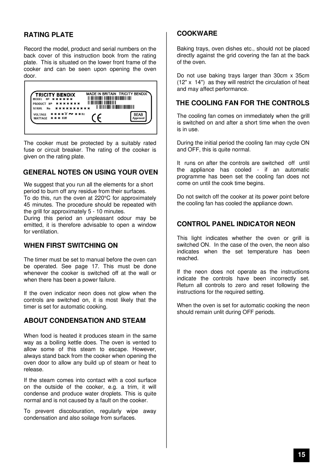 Tricity Bendix BS 685 Rating Plate, General Notes on Using Your Oven, When First Switching on, Cookware 