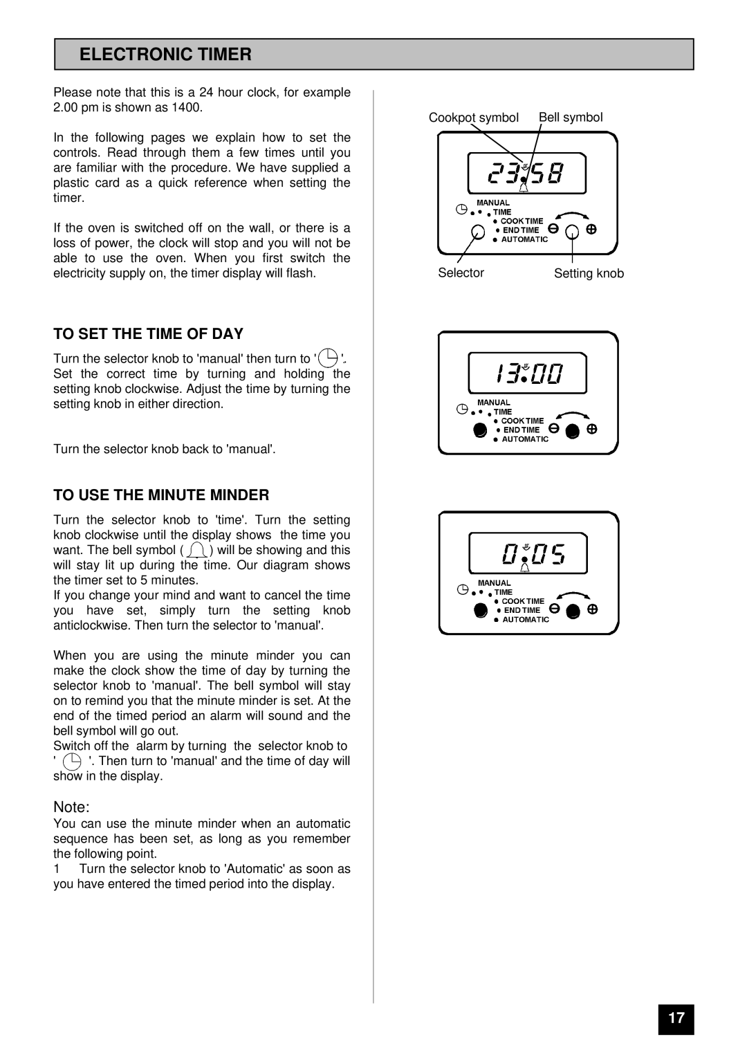 Tricity Bendix BS 685 installation instructions Electronic Timer, To SET the Time of DAY, To USE the Minute Minder 