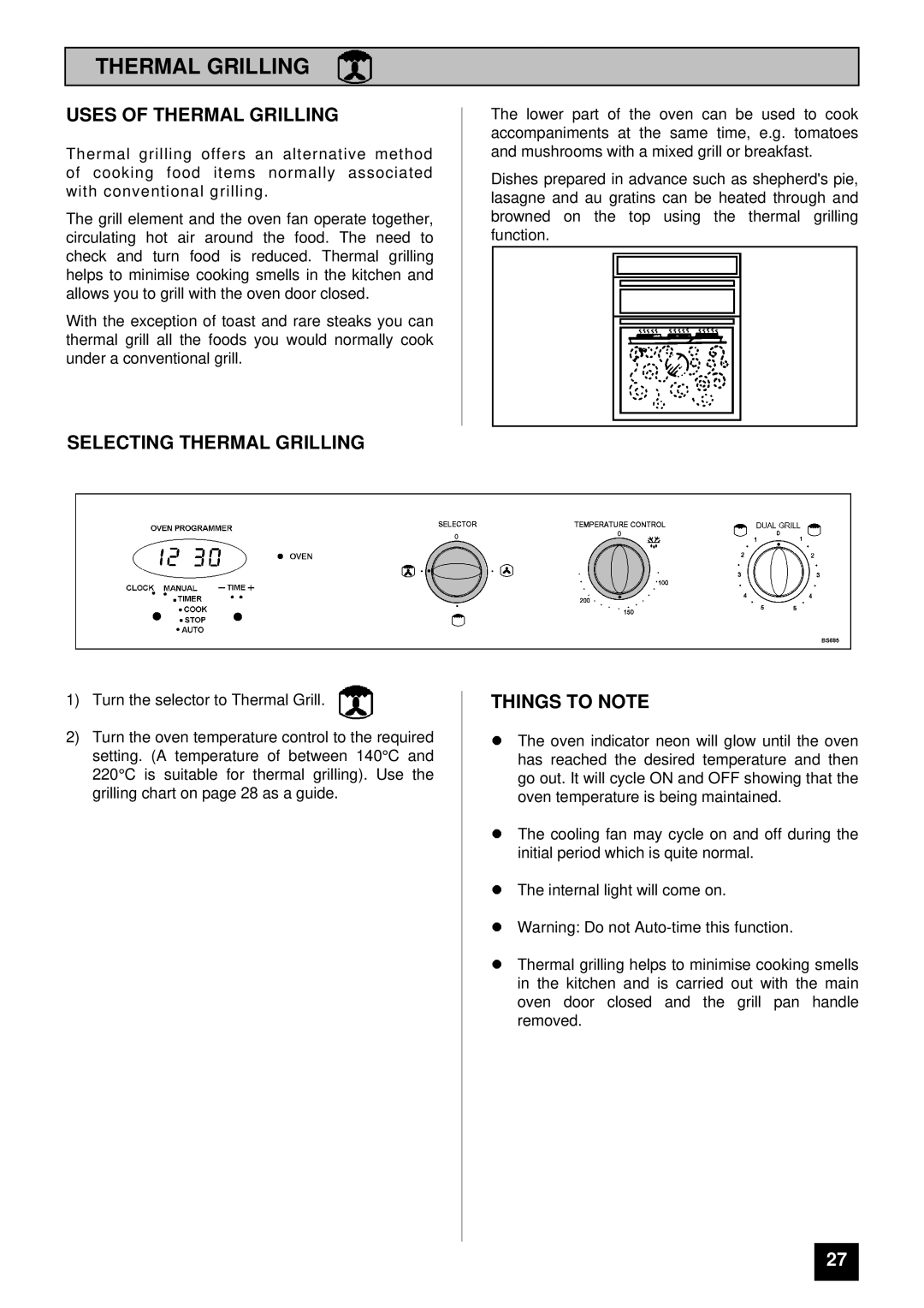 Tricity Bendix BS 685 installation instructions Uses of Thermal Grilling, Selecting Thermal Grilling 