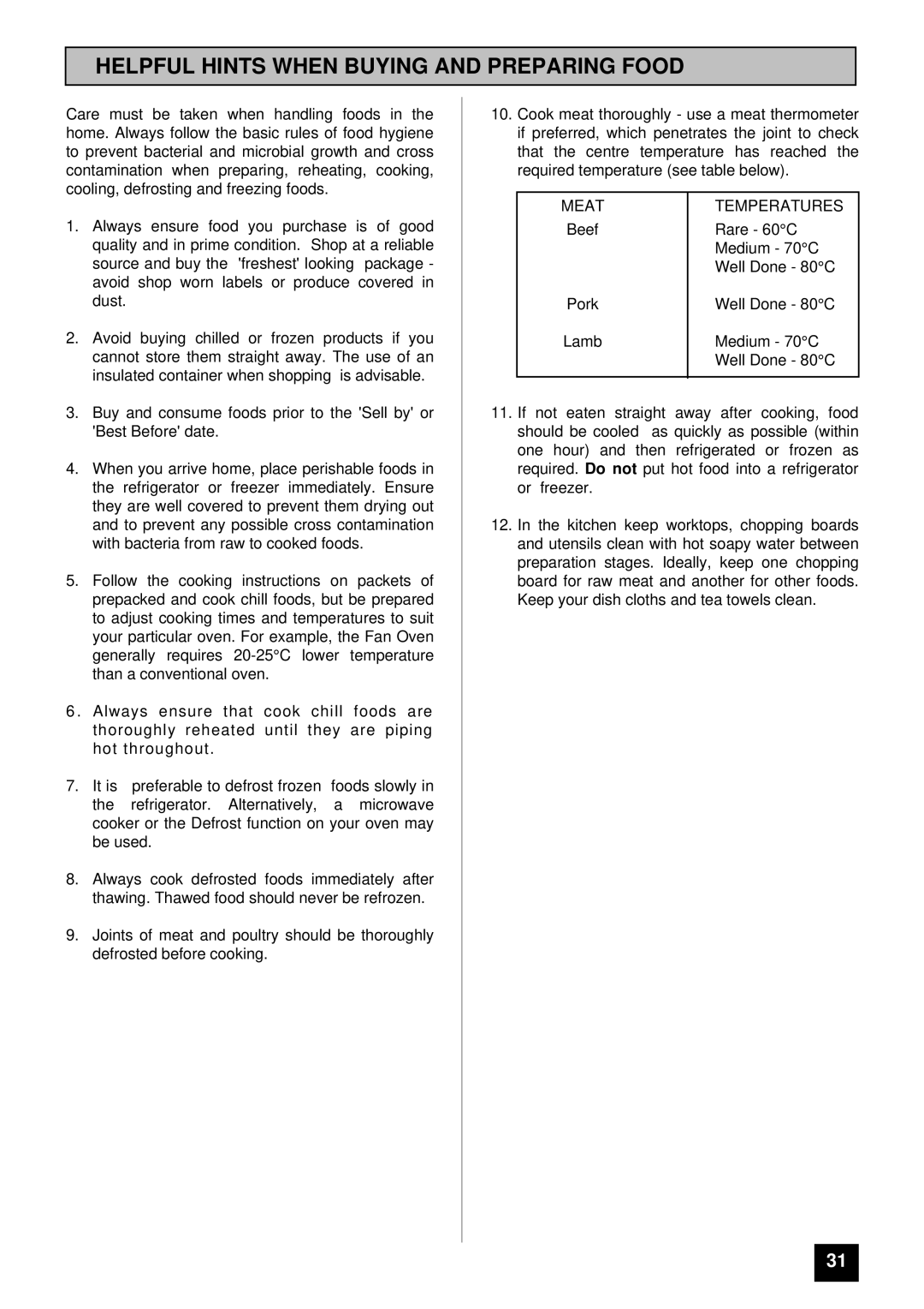 Tricity Bendix BS 685 installation instructions Helpful Hints When Buying and Preparing Food, Meat Temperatures 