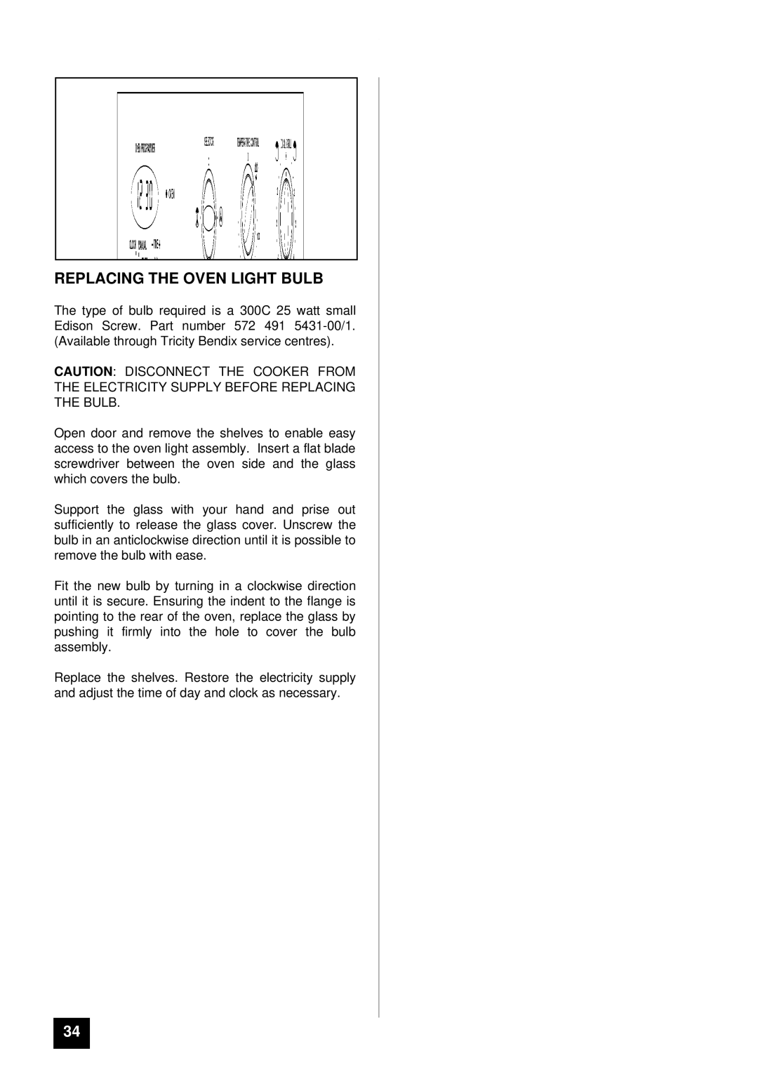 Tricity Bendix BS 685 installation instructions Replacing the Oven Light Bulb 