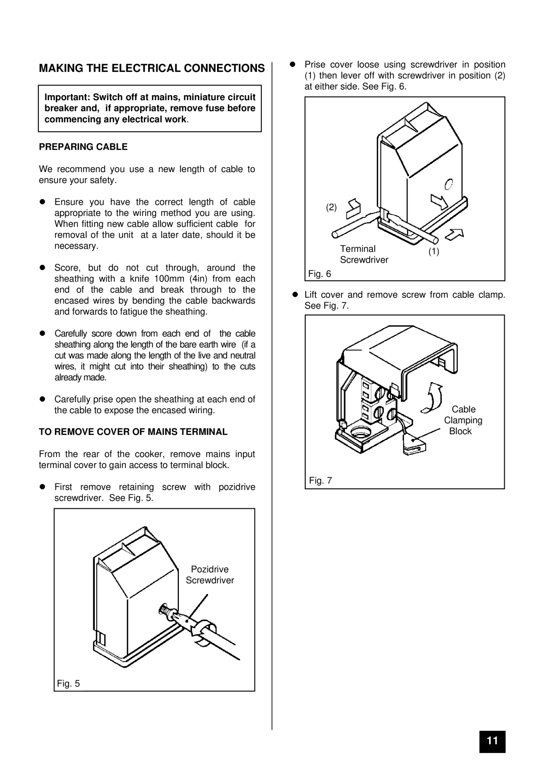 Tricity Bendix BS680-1 Making the Electrical Connections, Preparing Cable, To Remove Cover of Mains Terminal 