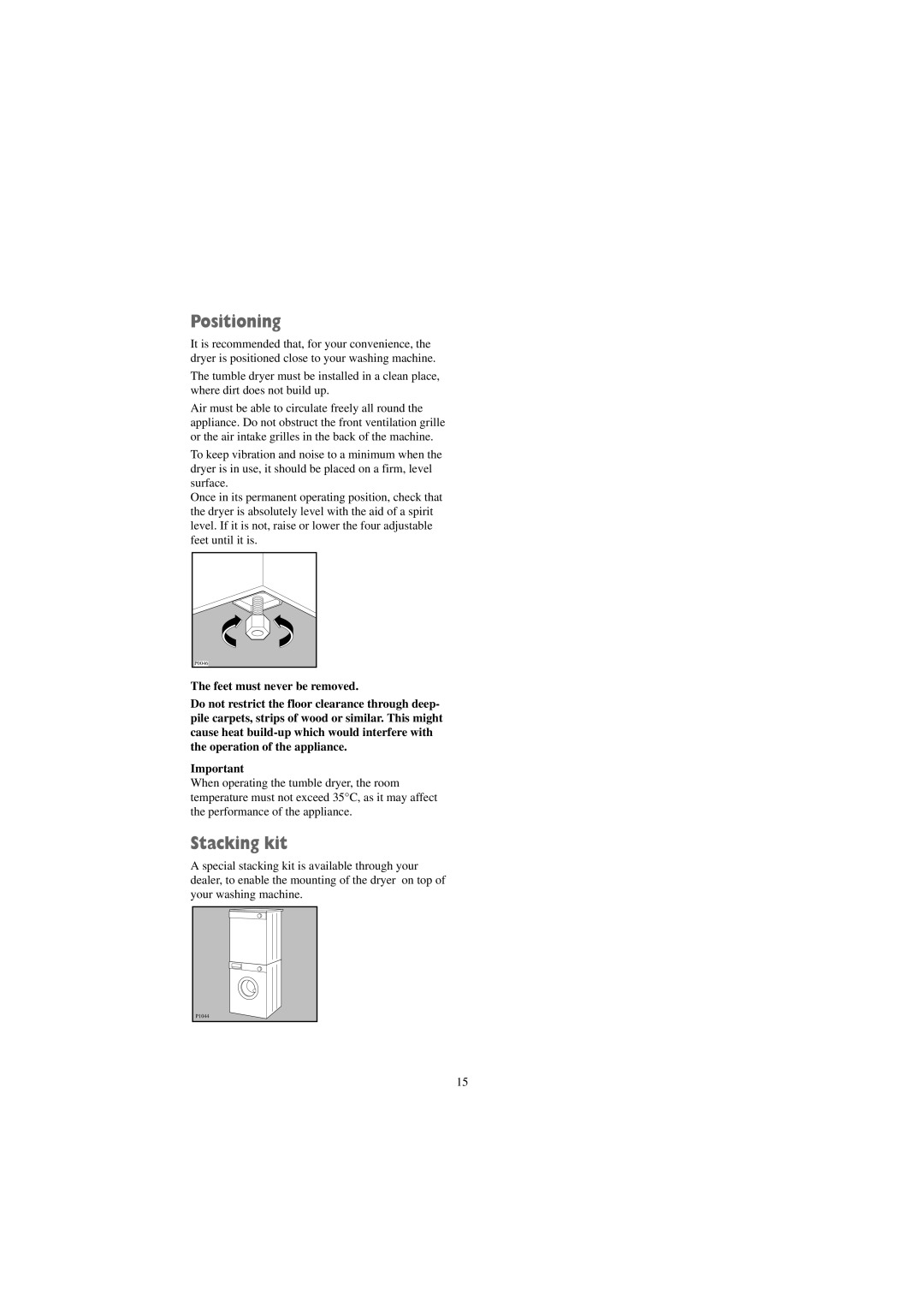 Tricity Bendix BTD 01 installation instructions Positioning, Stacking kit 