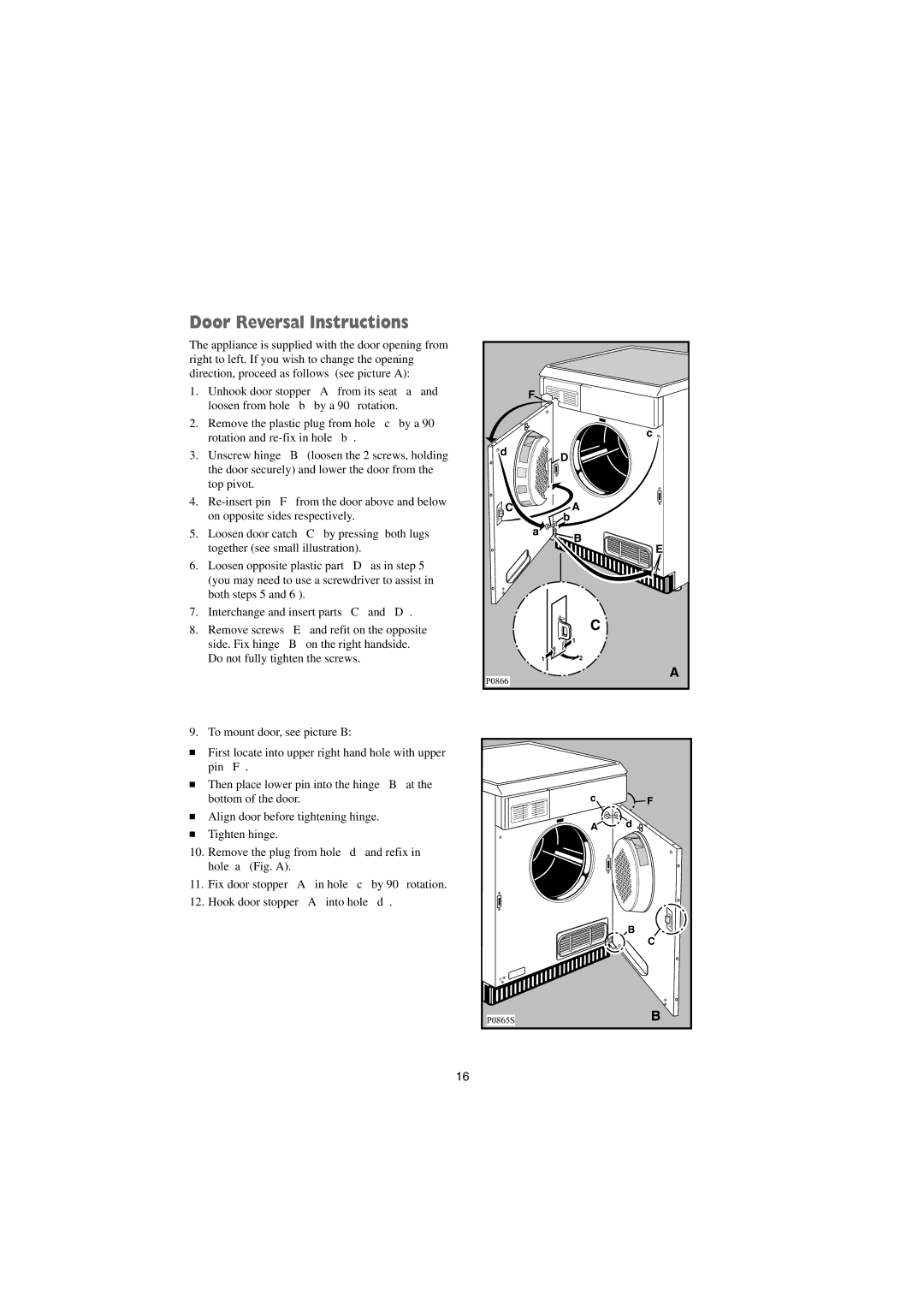 Tricity Bendix BTD 01 installation instructions Door Reversal Instructions 