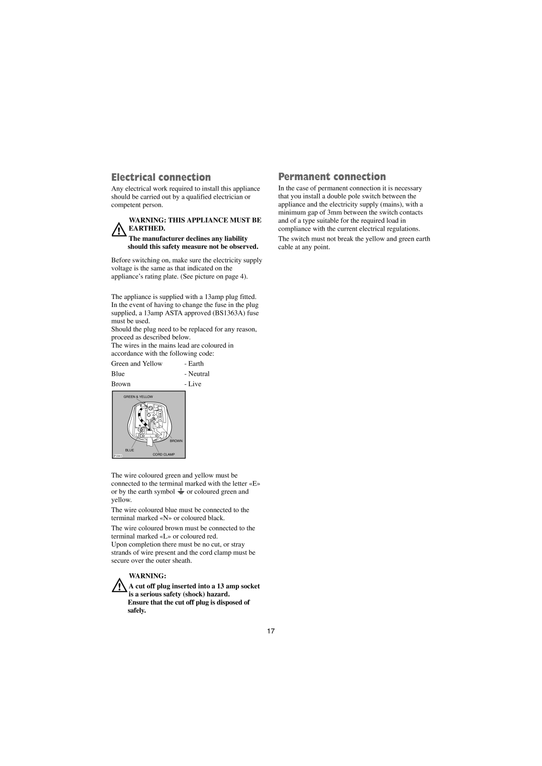 Tricity Bendix BTD 01 installation instructions Electrical connection, Permanent connection 