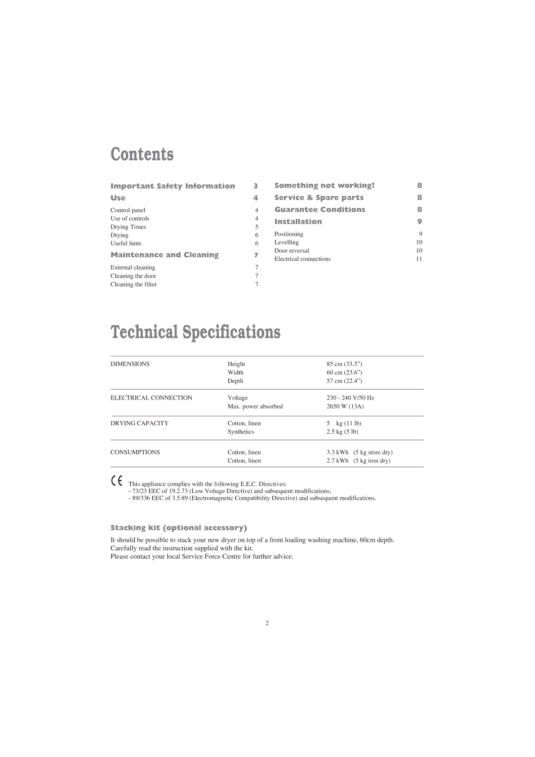 Tricity Bendix BTD 03 installation instructions Contents, Technical Specifications 