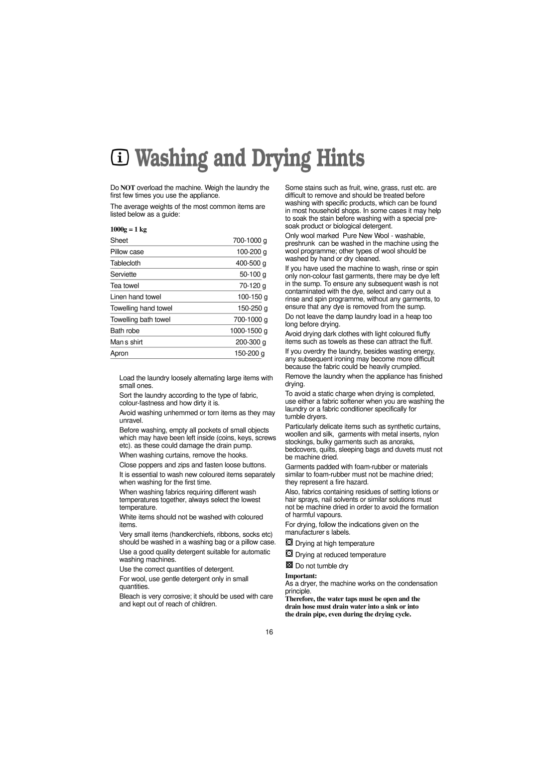 Tricity Bendix BWD 1011 installation instructions Washing and Drying Hints, 1000g = 1 kg 