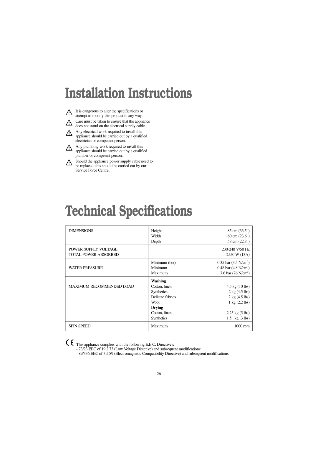 Tricity Bendix BWD 1011 installation instructions Installation Instructions, Technical Specifications, Washing, Drying 