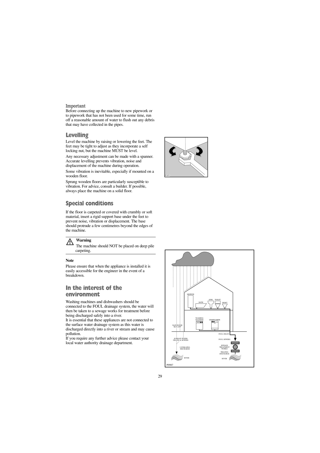 Tricity Bendix BWD 1011 installation instructions Levelling, Special conditions, Interest of the environment 