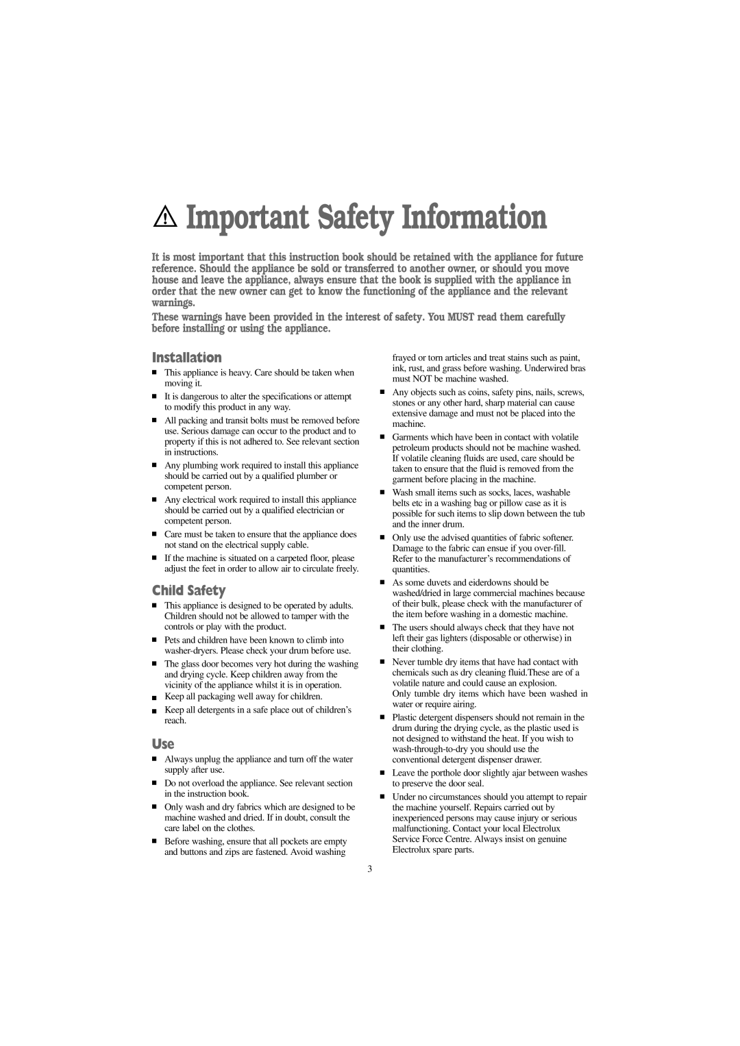 Tricity Bendix BWD 1011 installation instructions Important Safety Information, Installation, Child Safety, Use 