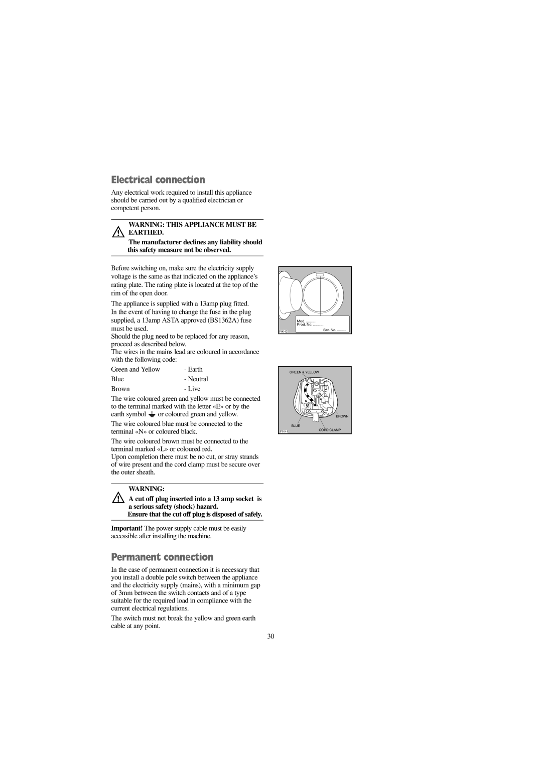 Tricity Bendix BWD 1011 installation instructions Electrical connection, Permanent connection 