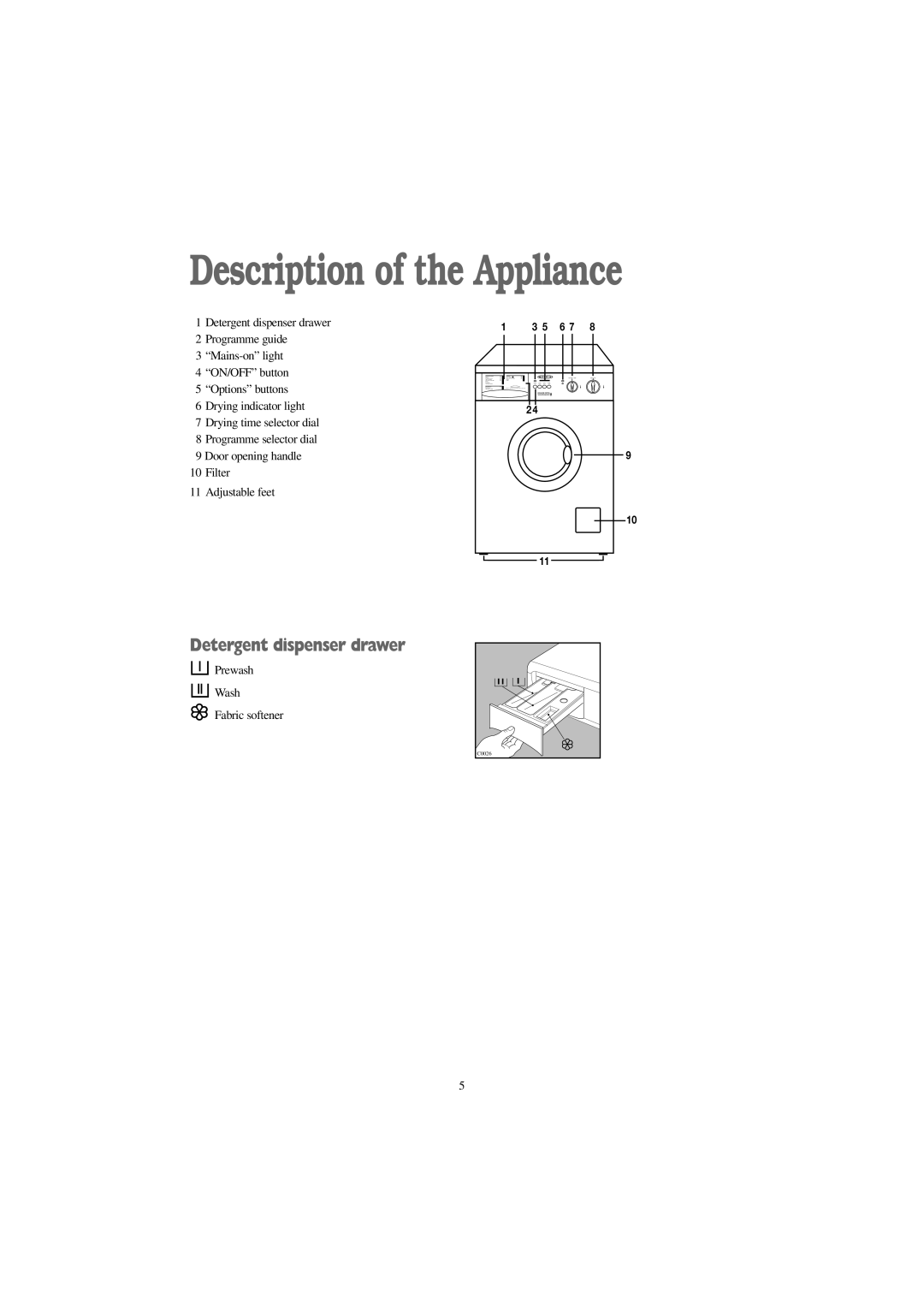 Tricity Bendix BWD 1011 installation instructions Description of the Appliance, Detergent dispenser drawer 