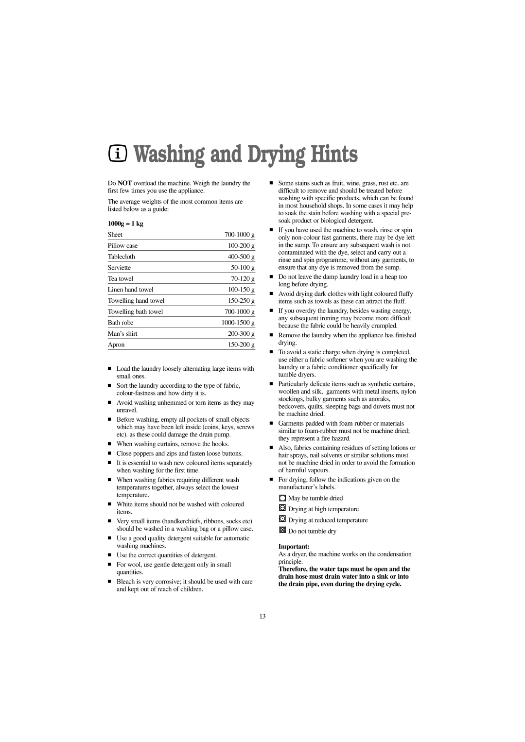 Tricity Bendix BWD 1012 installation instructions Washing and Drying Hints, 1000g = 1 kg 