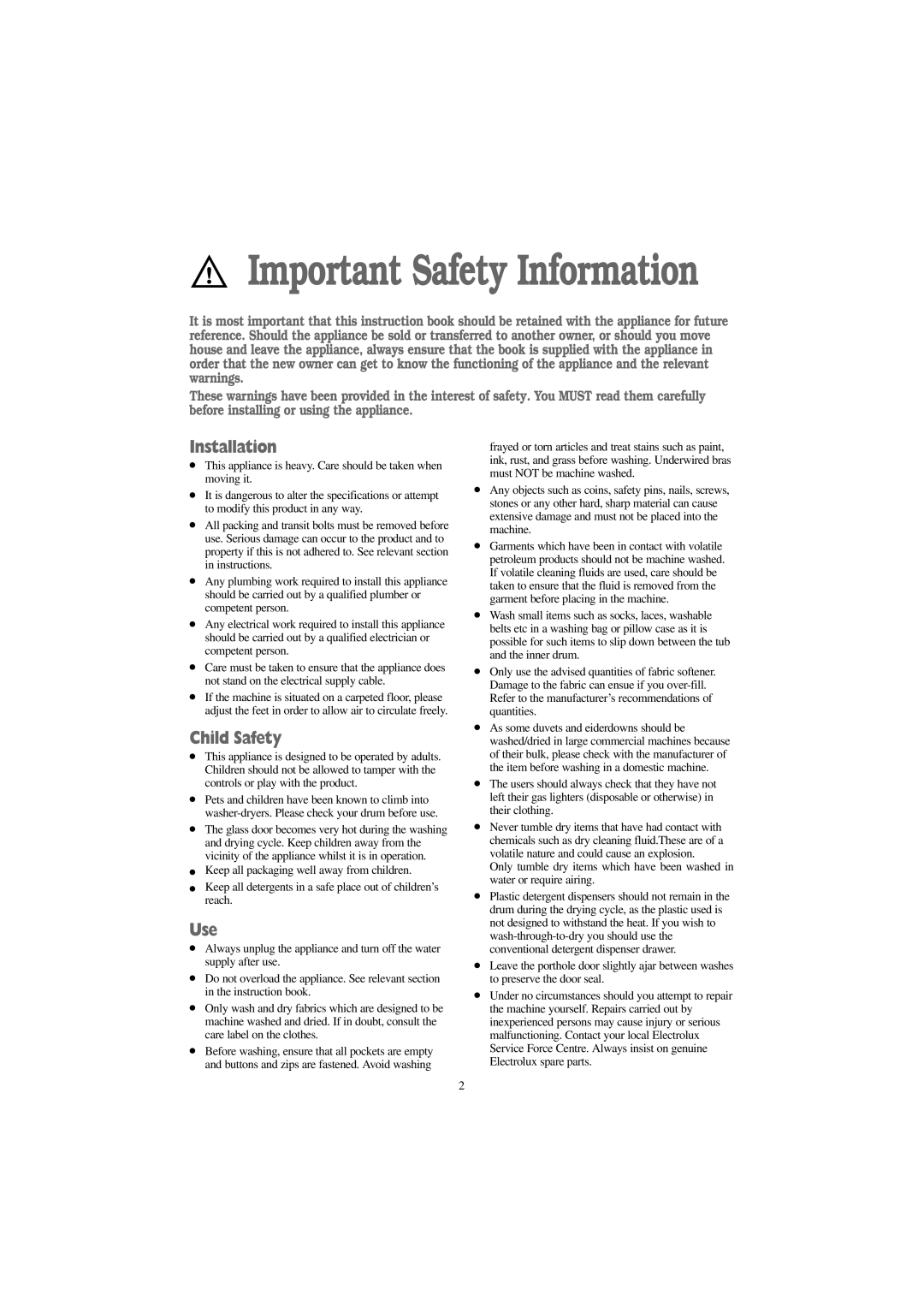 Tricity Bendix BWD 1012 installation instructions Installation, Child Safety, Use 