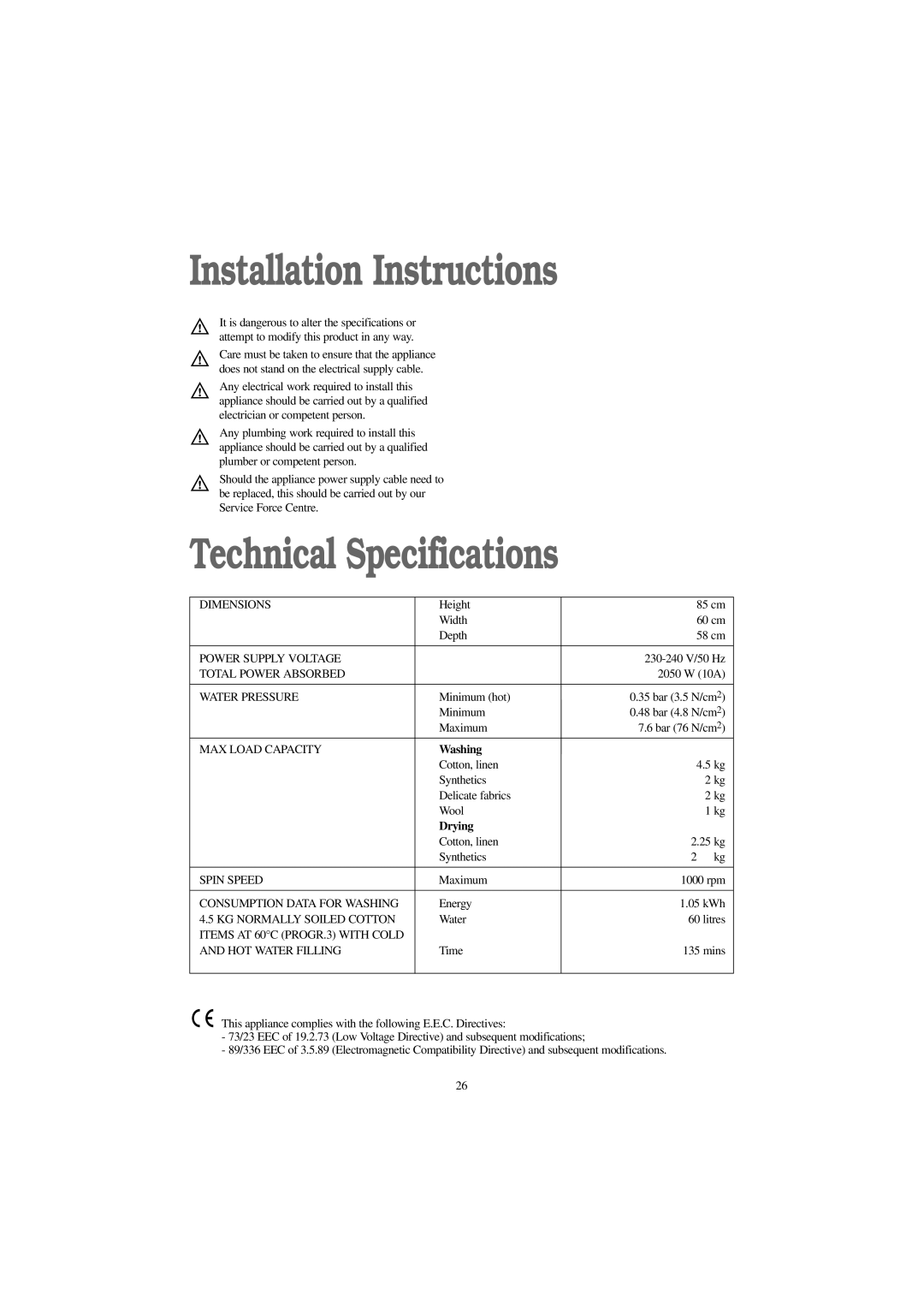 Tricity Bendix BWD 1012 installation instructions Installation Instructions, Technical Specifications, Washing, Drying 