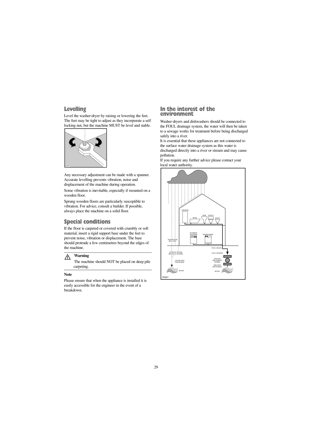 Tricity Bendix BWD 1012 installation instructions Levelling, Special conditions, Interest of the environment 