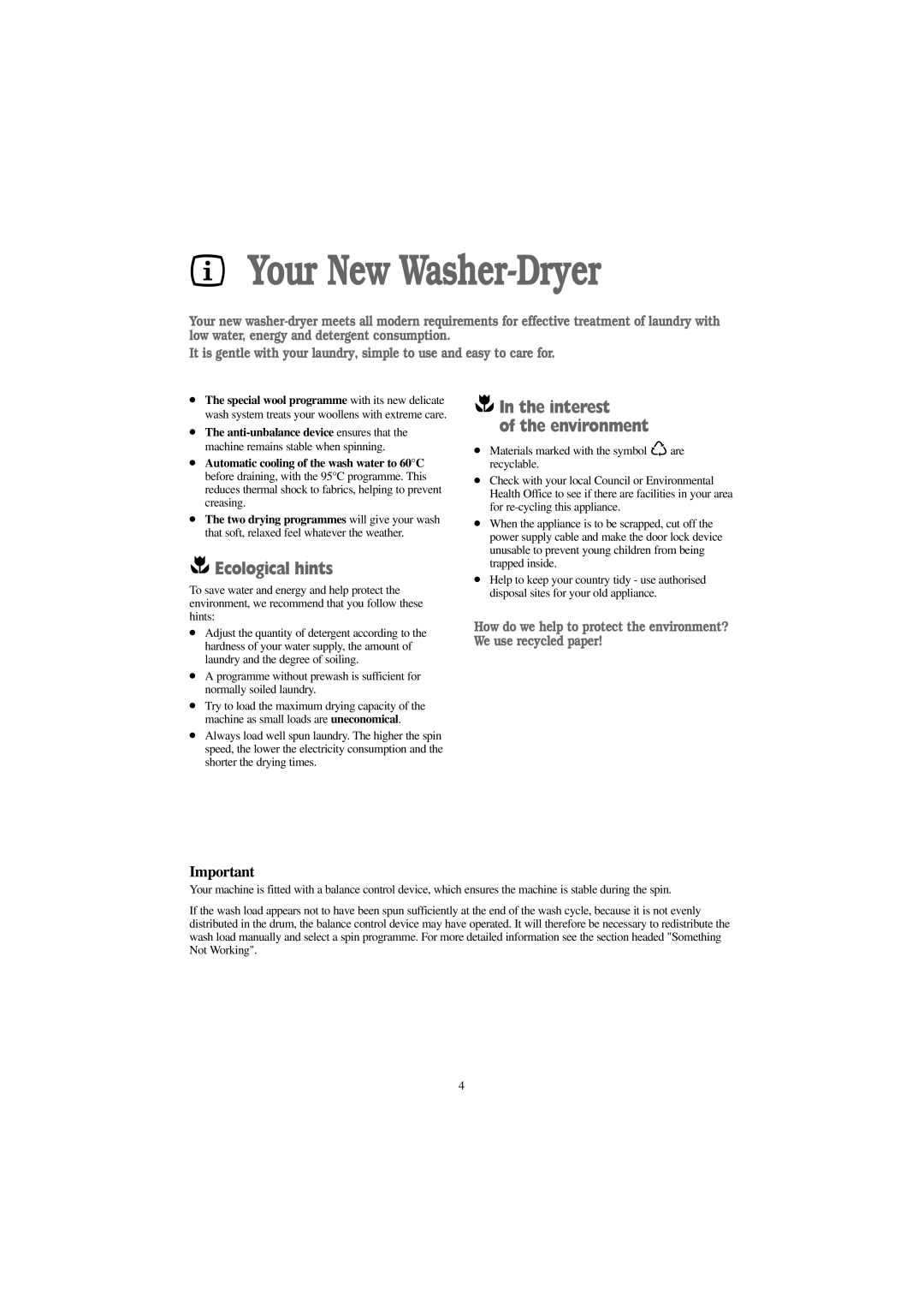 Tricity Bendix BWD 1012 installation instructions Your New Washer-Dryer, Ecological hints, Interest Environment 