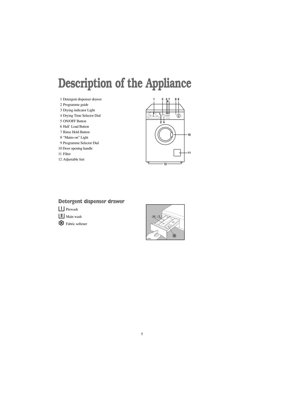 Tricity Bendix BWD 1012 installation instructions Description of the Appliance, Detergent dispenser drawer 