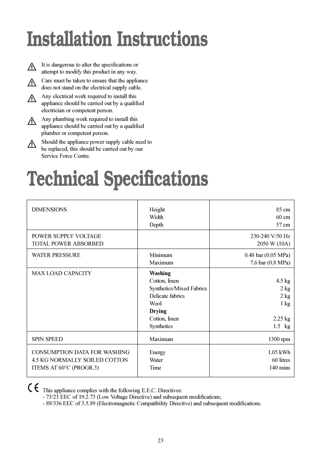 Tricity Bendix BWD 134 W installation instructions Installation Instructions, Technical Specifications, Washing, Drying 