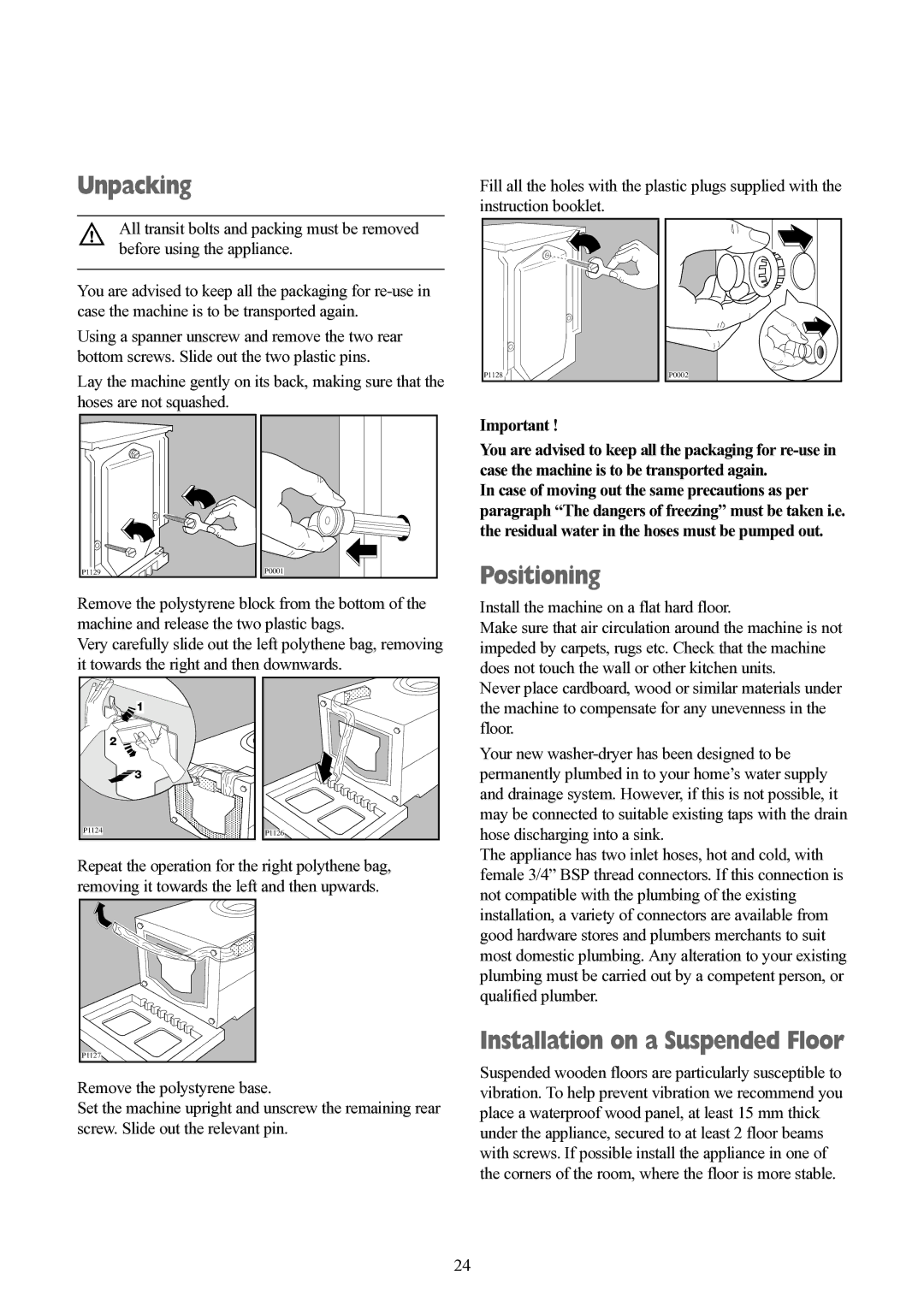 Tricity Bendix BWD 134 W installation instructions Unpacking, Positioning, Installation on a Suspended Floor 