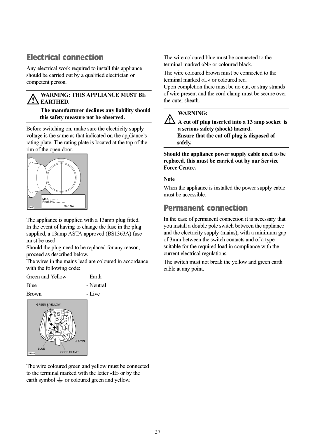 Tricity Bendix BWD 134 W installation instructions Electrical connection, Permanent connection 