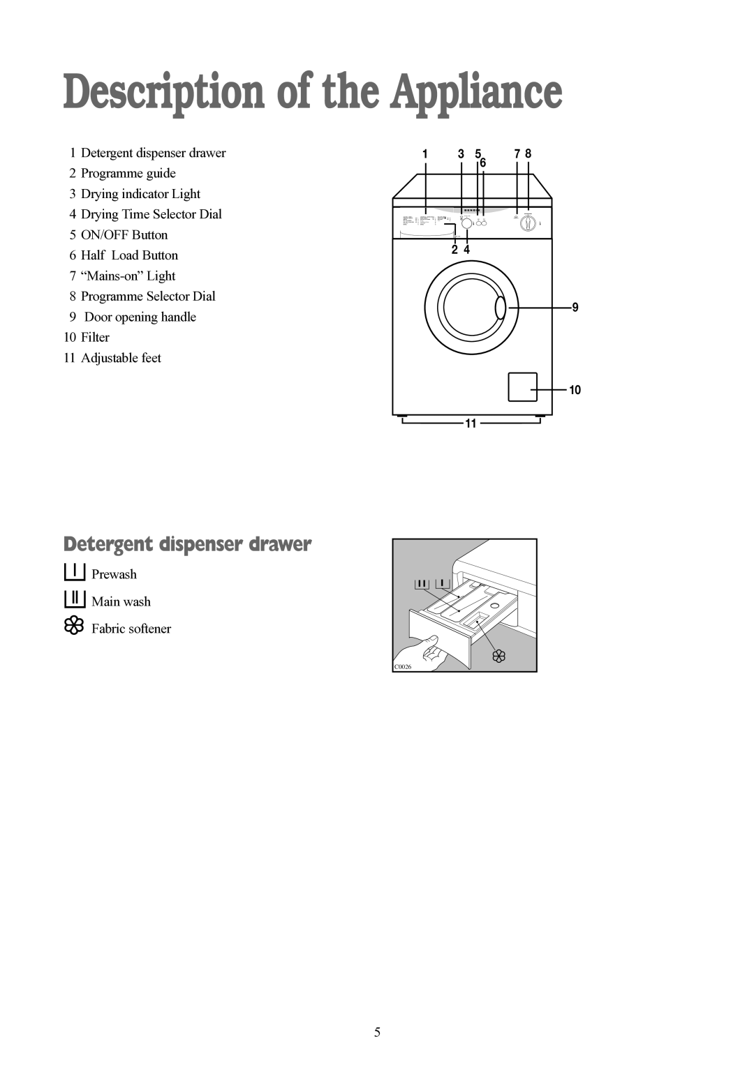 Tricity Bendix BWD 134 W installation instructions Description of the Appliance, Detergent dispenser drawer 