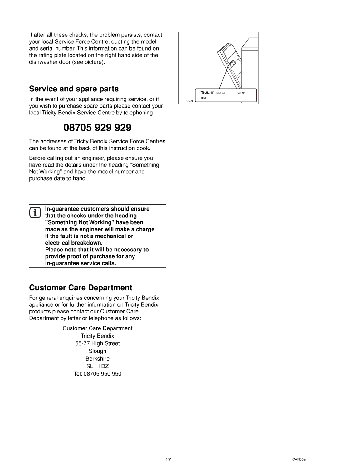 Tricity Bendix CDW 087 installation instructions Service and spare parts, Customer Care Department 