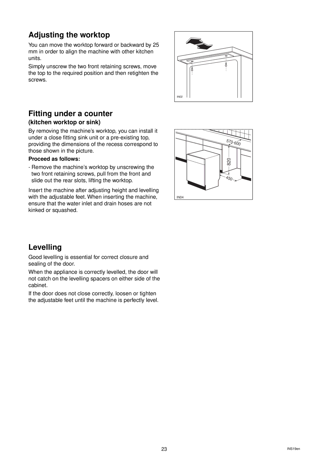 Tricity Bendix CDW 087 installation instructions Adjusting the worktop, Fitting under a counter, Levelling 