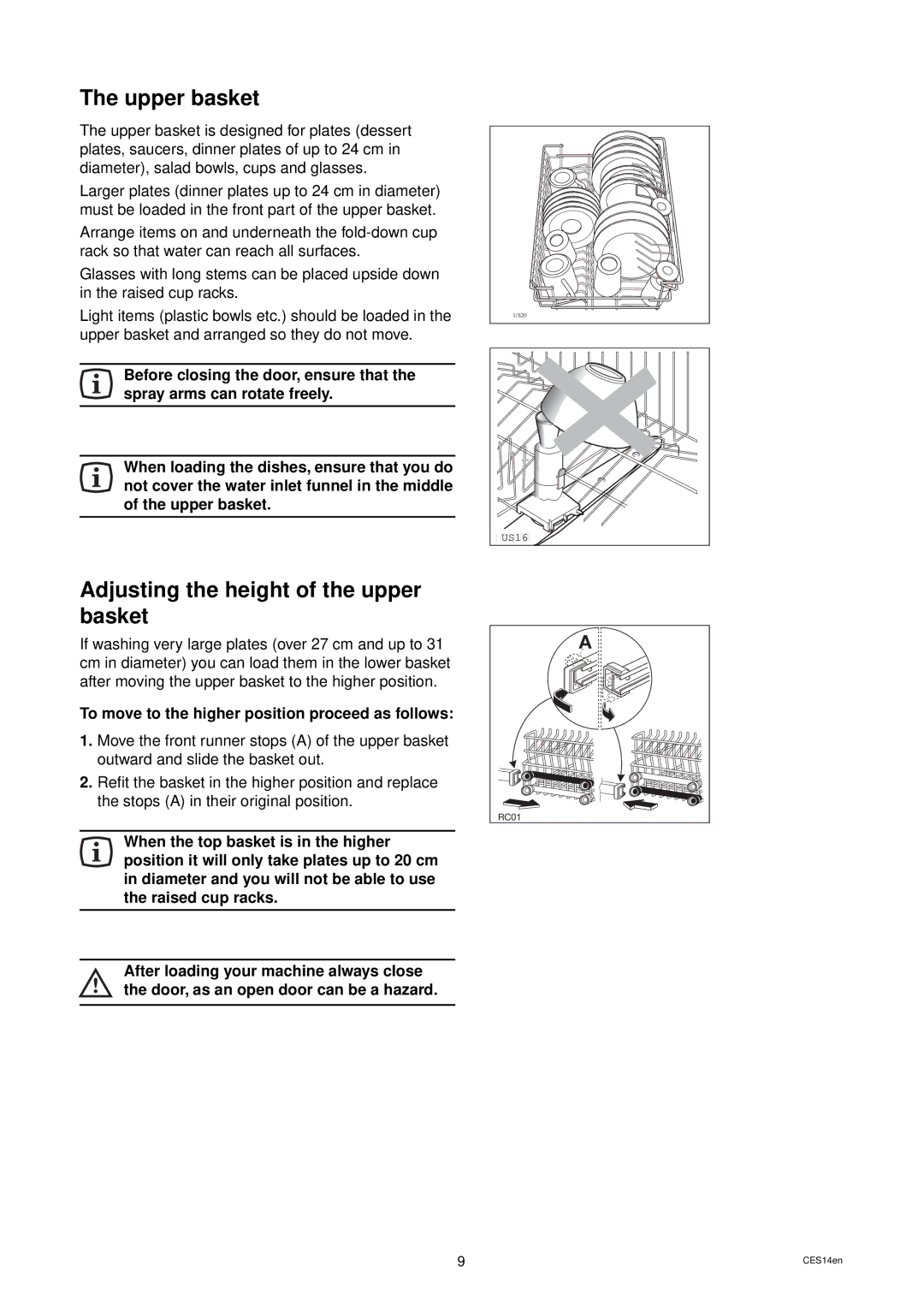 Tricity Bendix CDW 087 installation instructions Upper basket, Adjusting the height of the upper basket 