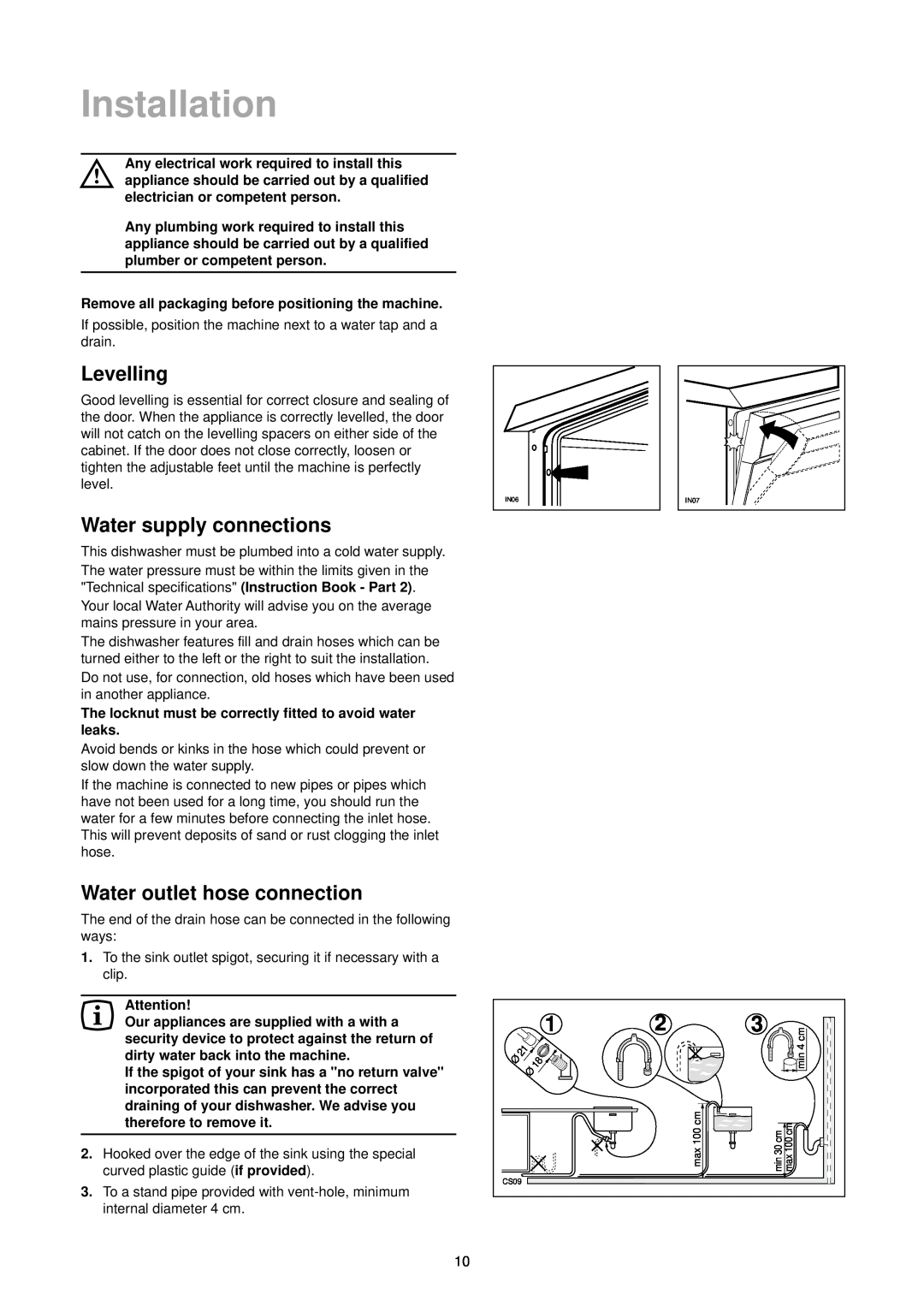 Tricity Bendix CDW 101 manual Installation, Levelling, Water supply connections, Water outlet hose connection, if provided 