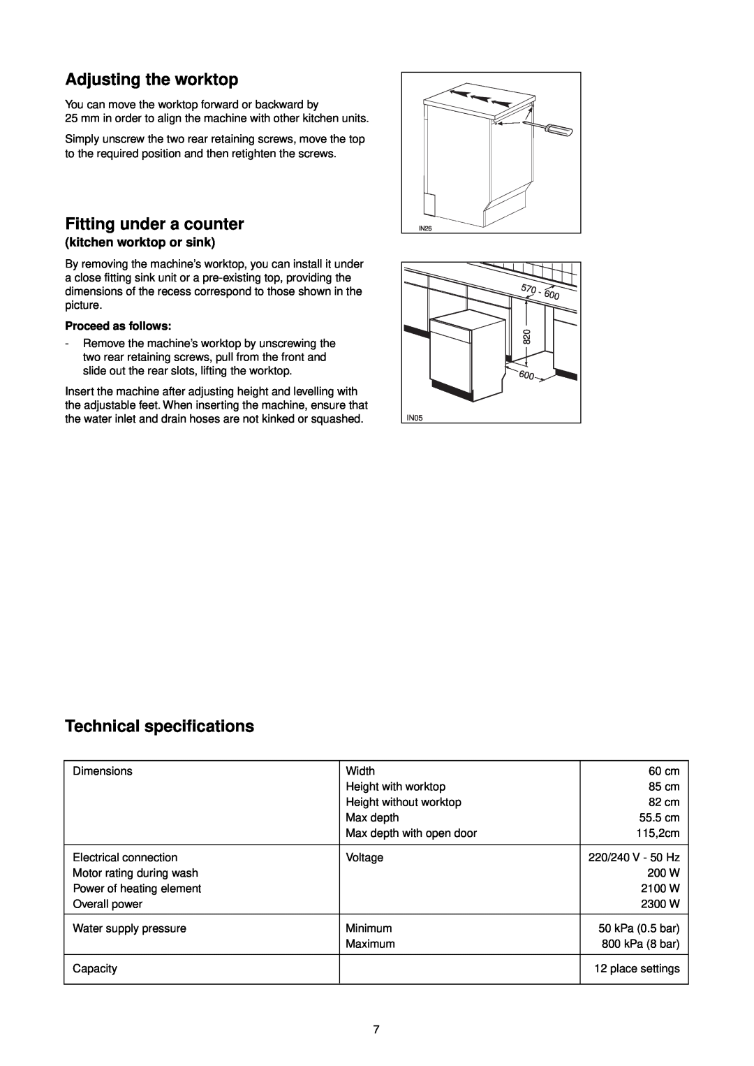 Tricity Bendix CDW 101 Adjusting the worktop, Fitting under a counter, Technical specifications, kitchen worktop or sink 