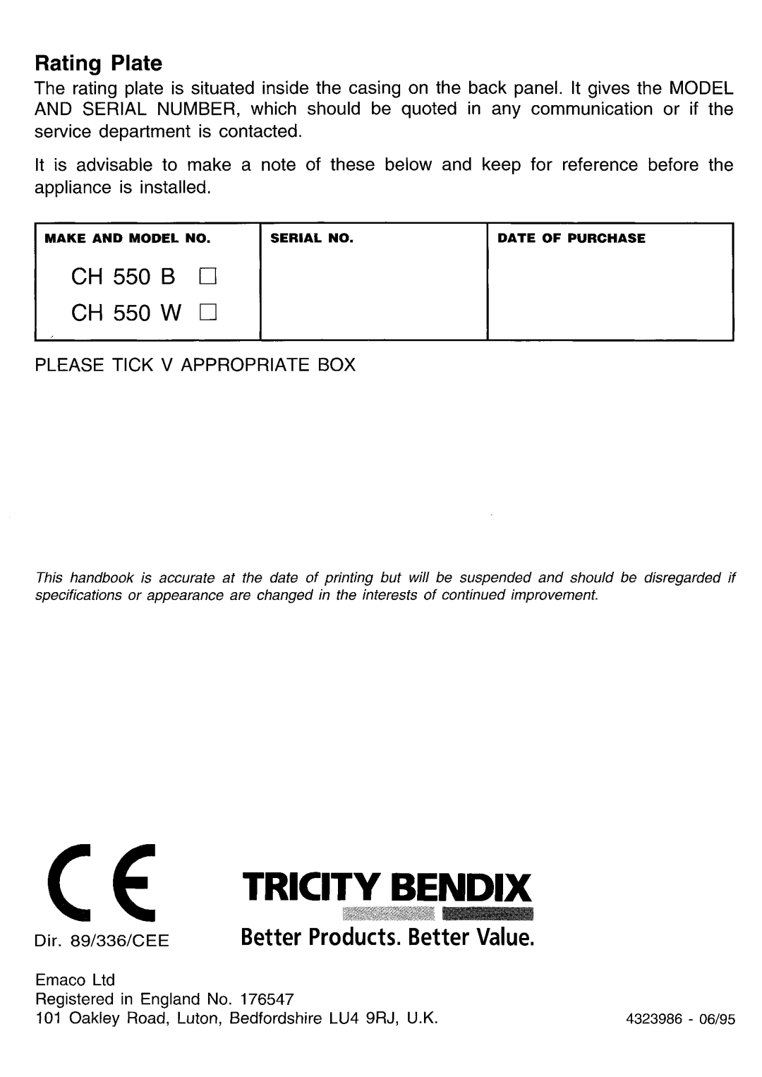 Tricity Bendix CH 550 manual 