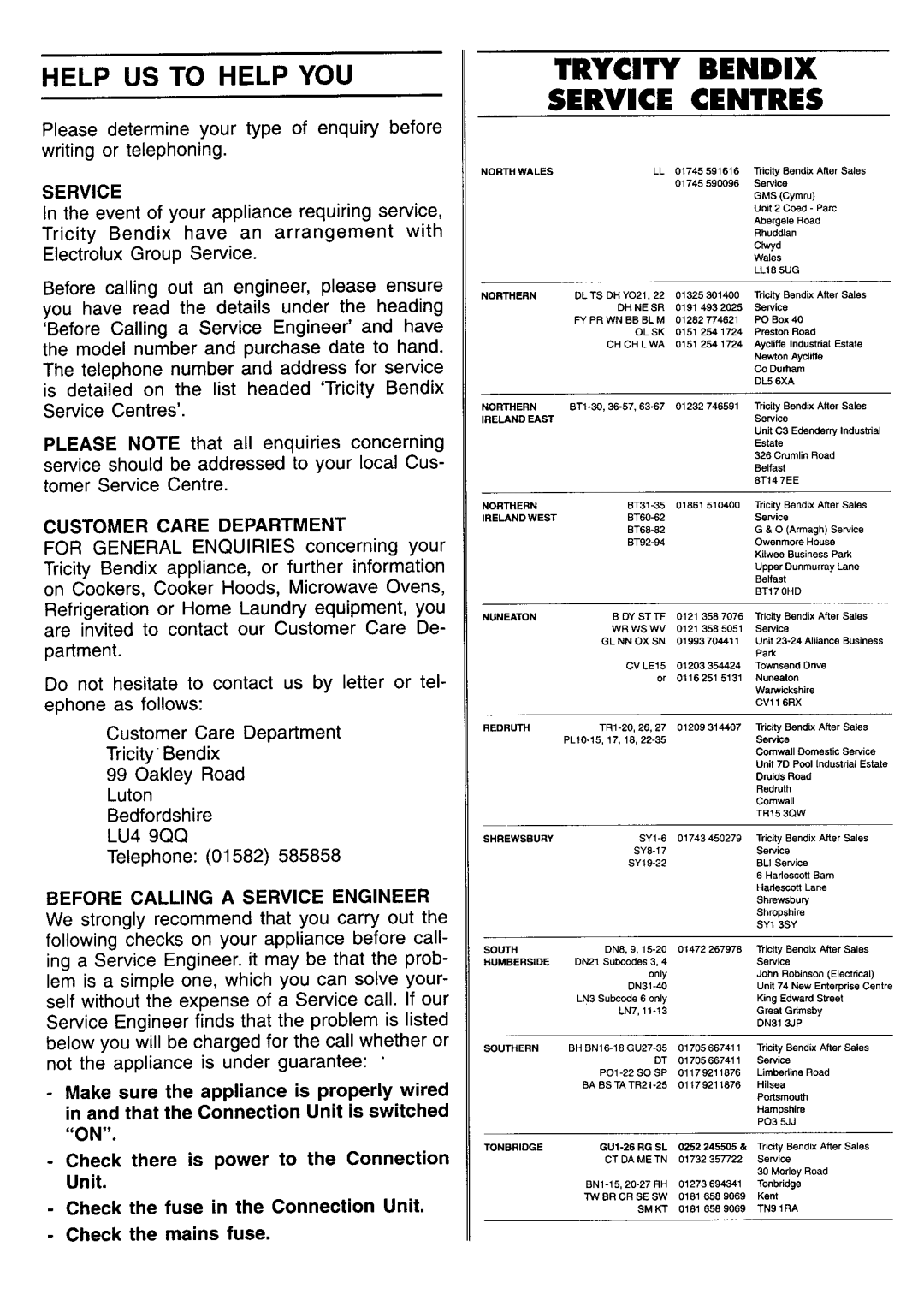 Tricity Bendix CH 605 manual 