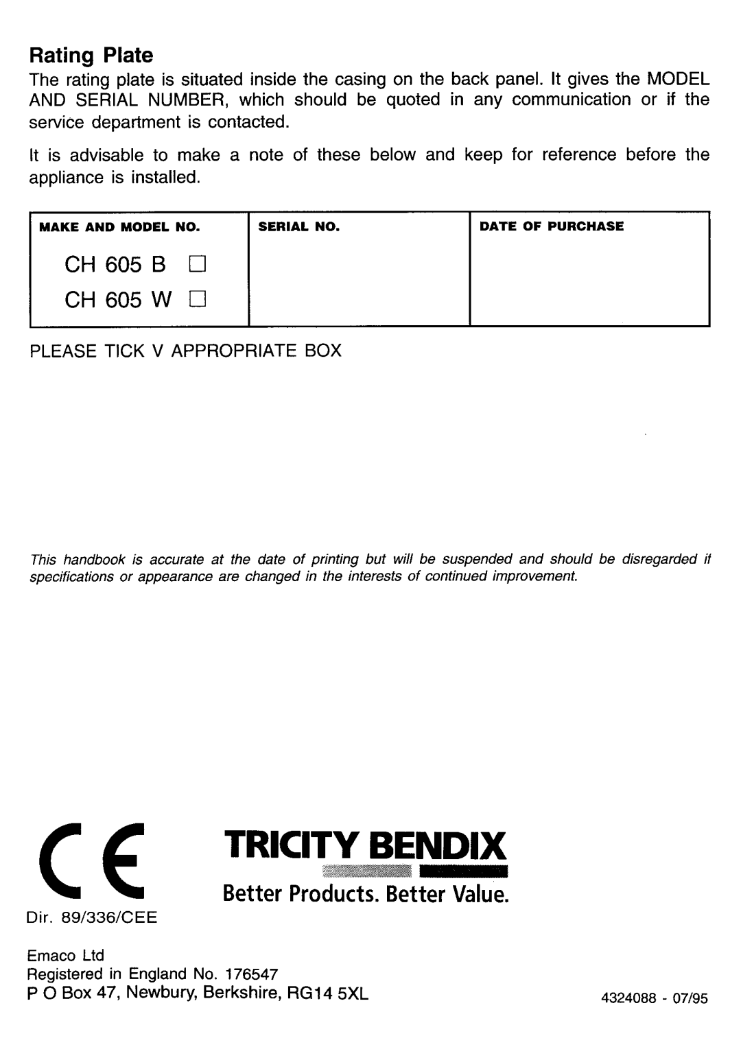 Tricity Bendix CH 605 manual 