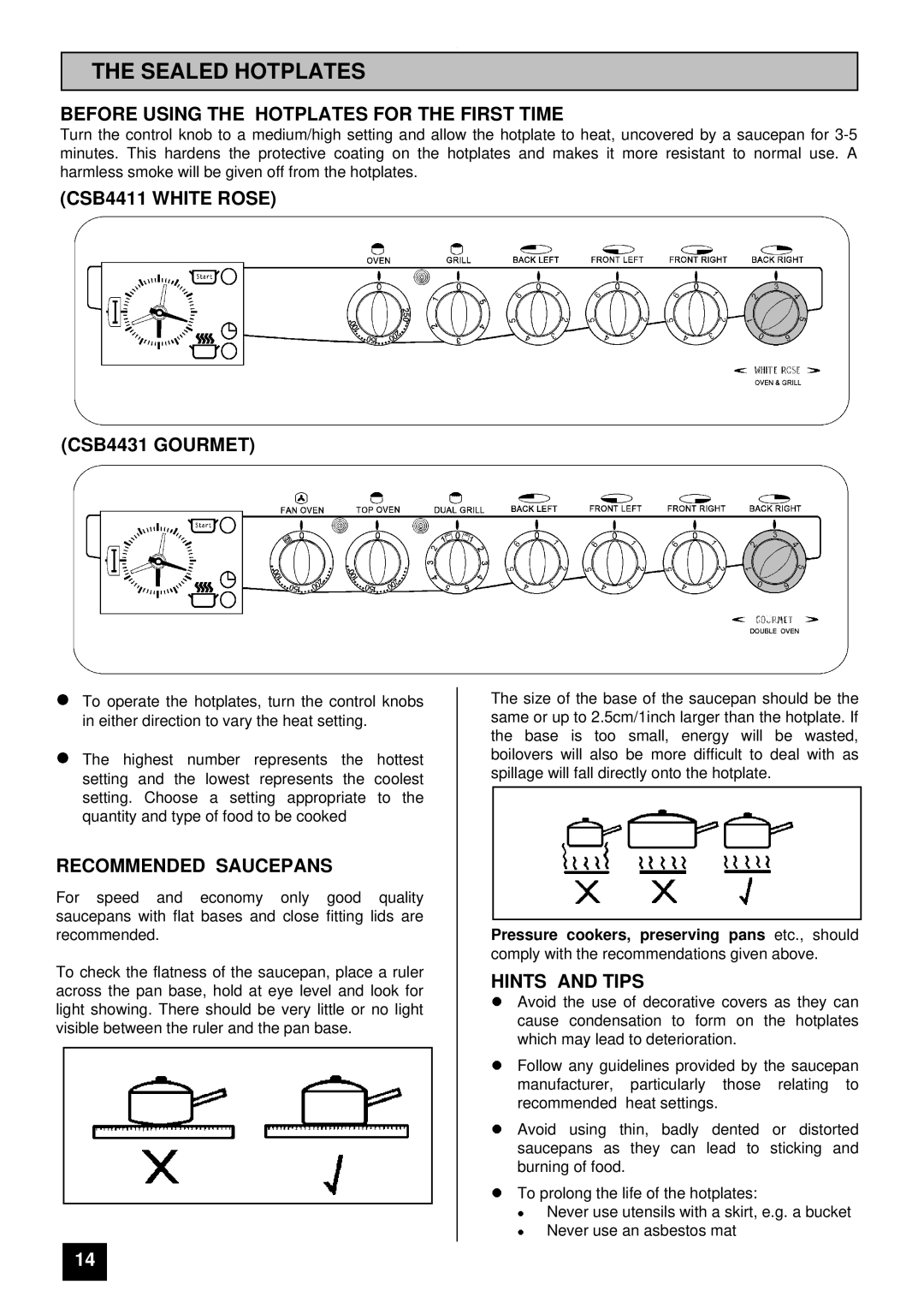 Tricity Bendix Sealed Hotplates, Before Using the Hotplates for the First Time, CSB4411 White Rose CSB4431 Gourmet 