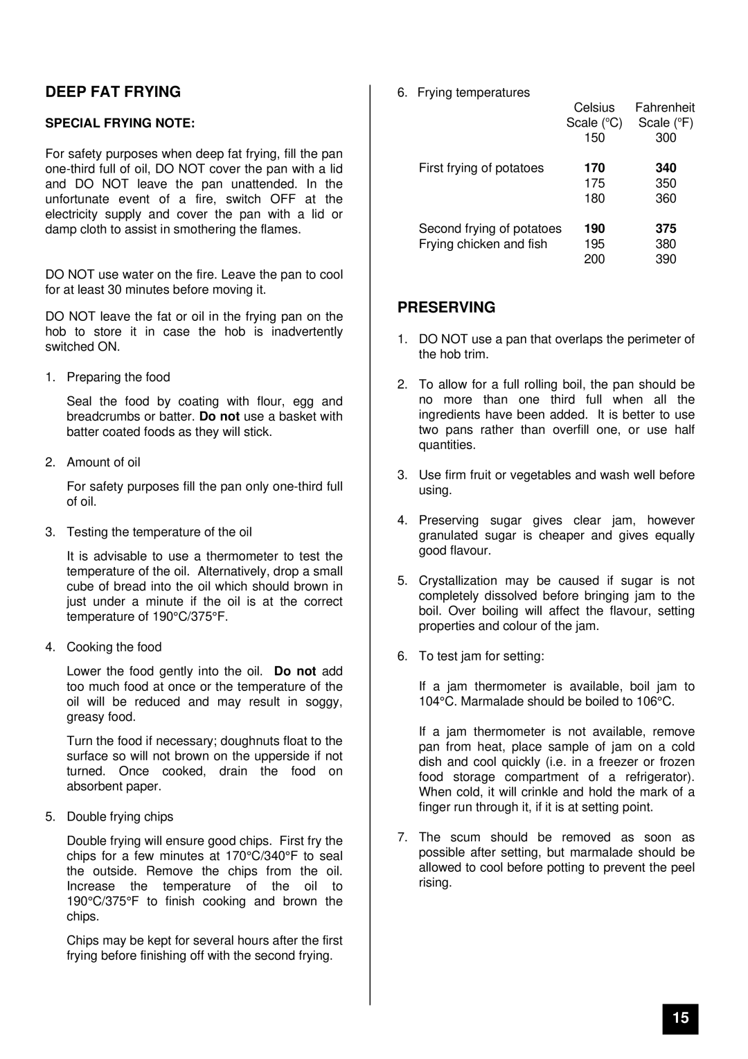 Tricity Bendix CSB4431 installation instructions Deep FAT Frying, Preserving 