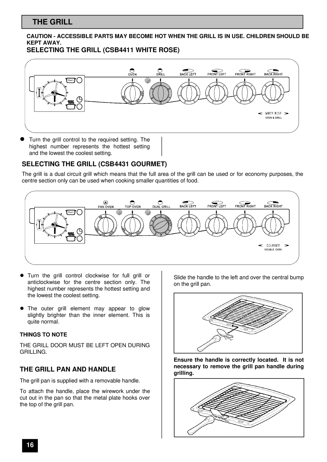 Tricity Bendix installation instructions Selecting the Grill CSB4431 Gourmet, Grill PAN and Handle 