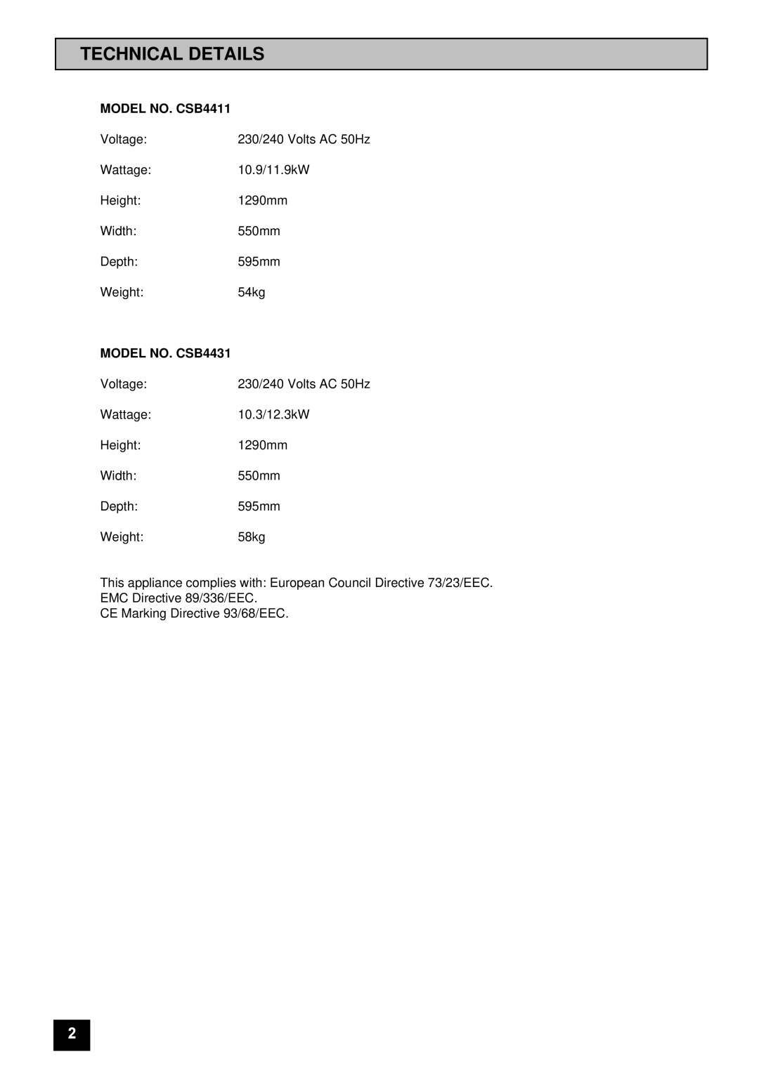 Tricity Bendix CSB4431 installation instructions Technical Details, Model NO. CSB4411 