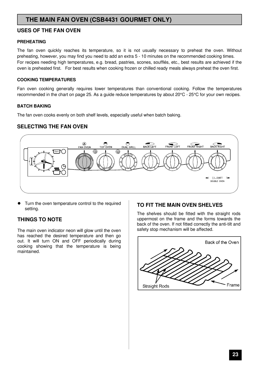 Tricity Bendix Main FAN Oven CSB4431 Gourmet only, Uses of the FAN Oven, Selecting the FAN Oven 