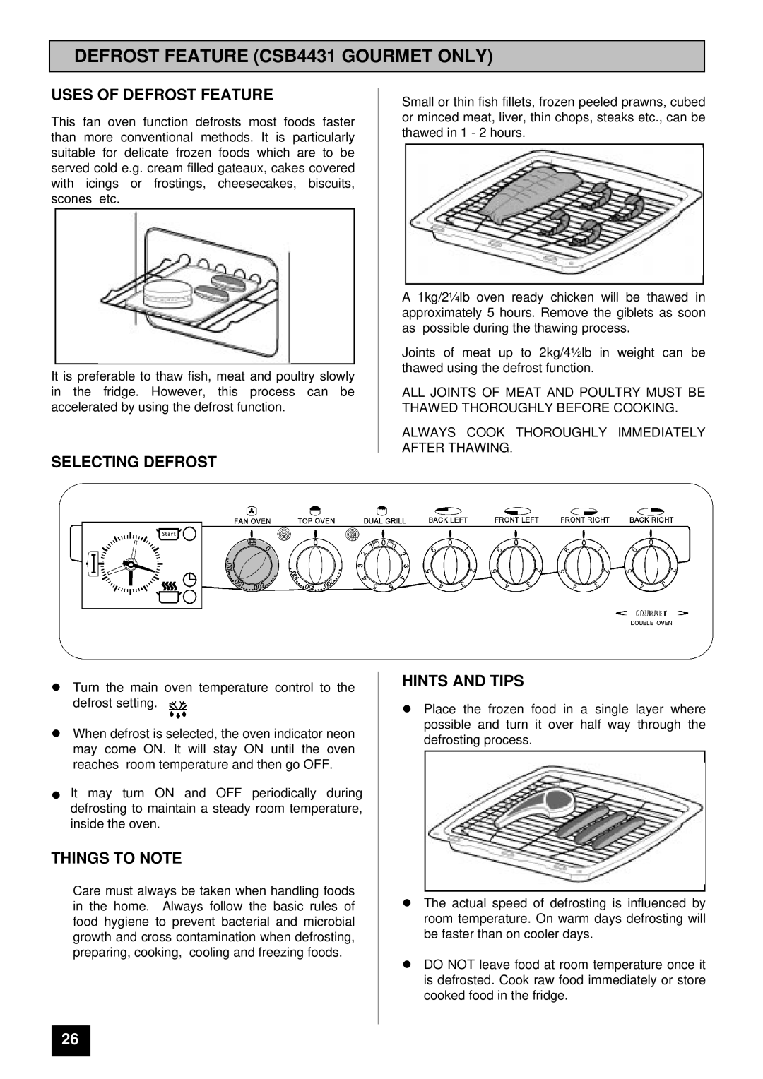 Tricity Bendix Defrost Feature CSB4431 Gourmet only, Uses of Defrost Feature, Selecting Defrost 