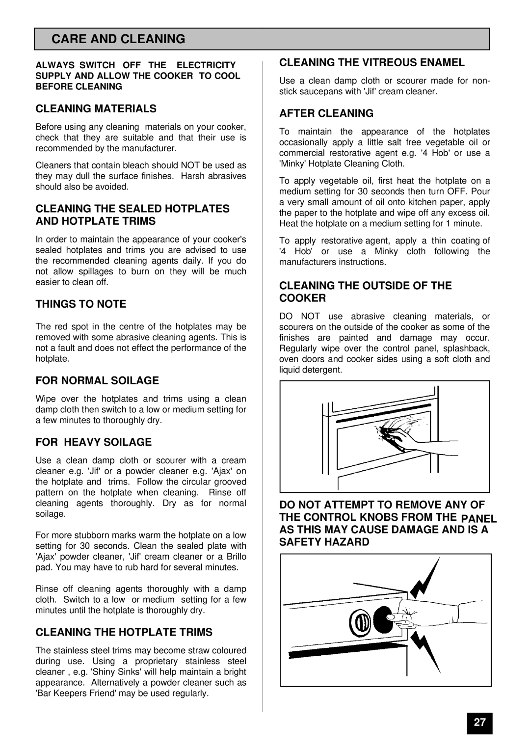 Tricity Bendix CSB4431 installation instructions Care and Cleaning 